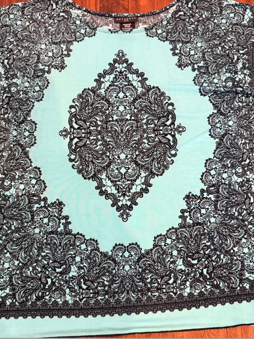 Metaphor Turquoise Black Ornate Print Poncho Blouse Flowy Boho Top Large Petite - Picture 2 of 3